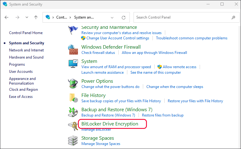cliquez sur l'option de chiffrement de lecteur BitLocker