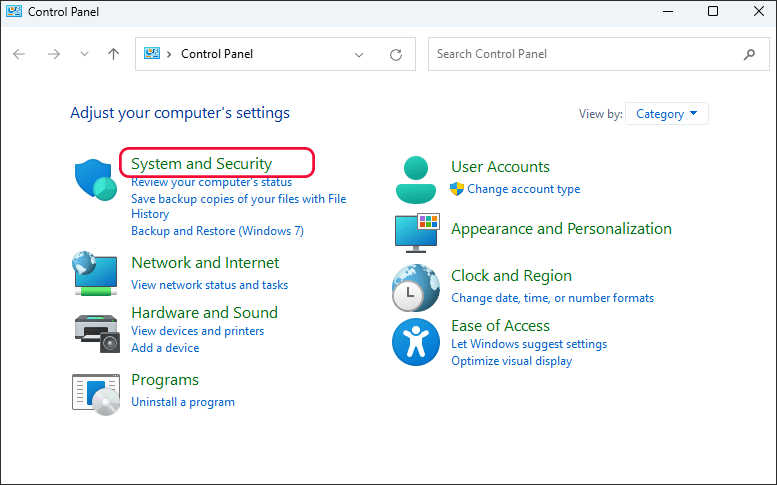 sélectionner le système et la sécurité
