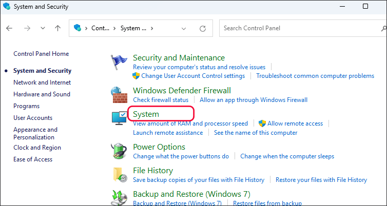 cliquez sur l'option Système