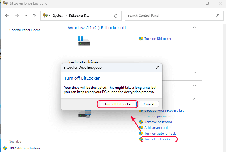 cliquez sur Désactiver BitLocker