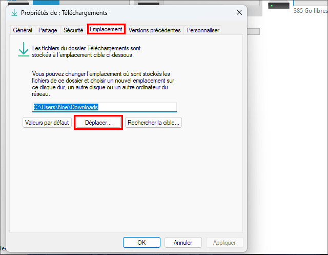 cliquez sur Déplacer sous l'emplacement