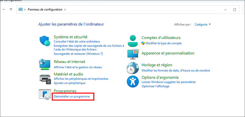 cliquez sur Désinstaller les programmes