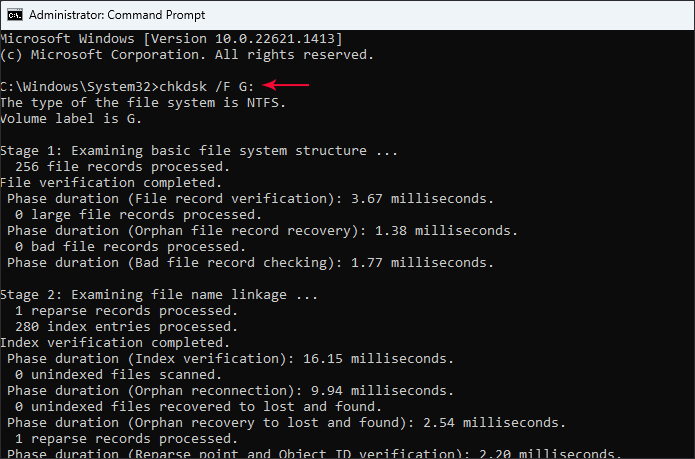 exécuter une commande pour vérifier la santé du disque