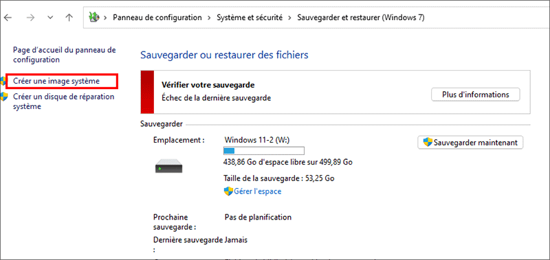 cliquez sur créer une image système