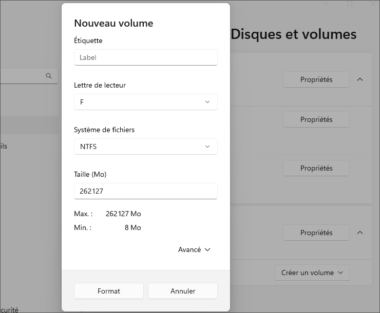 définir un nouveau volume