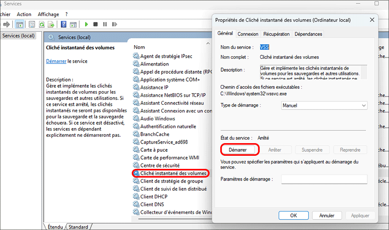 démarrer le service de cliché instantané de volume