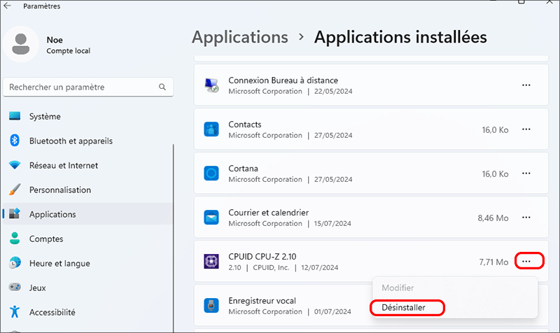 désinstaller l'application
