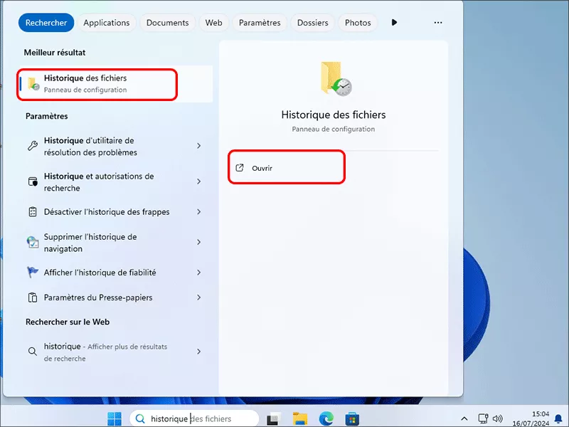 ouvrir l'historique des fichiers