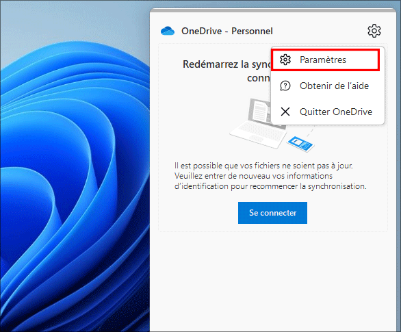 ouvrir les paramètres OneDrive