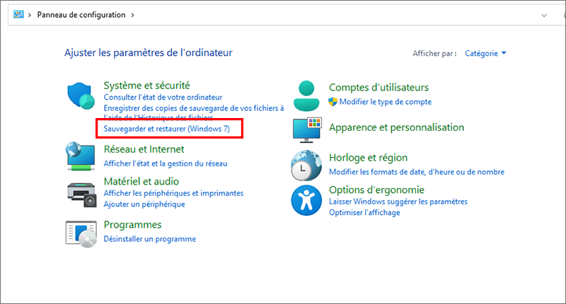 choisissez l'option de sauvegarde et de restauration