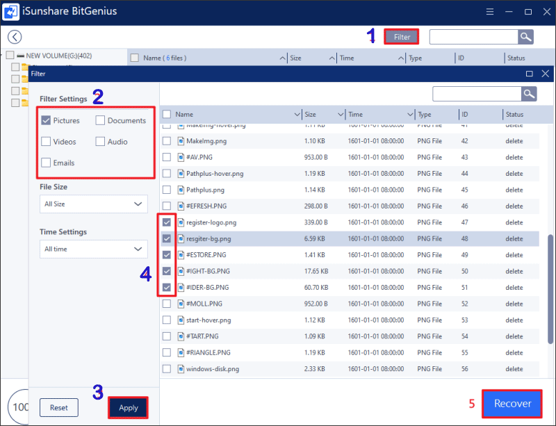 sélectionnez les fichiers supprimés à récupérer