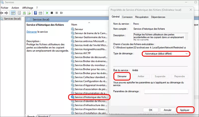 démarrer le service d'historique des fichiers