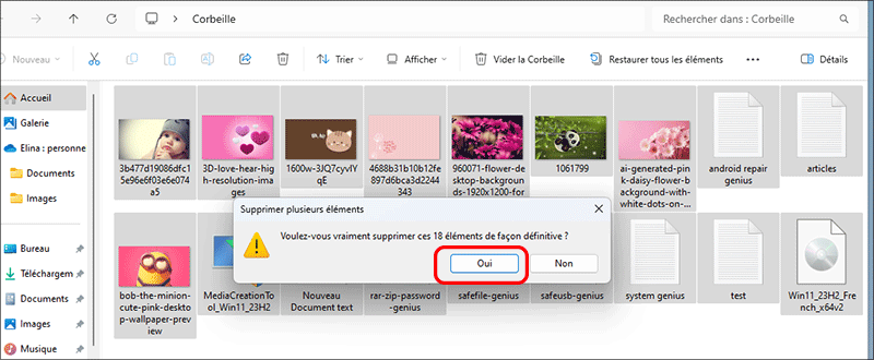 supprimer définitivement les éléments de la corbeille