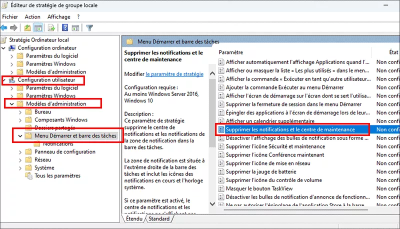 supprimer les notifications et le centre d'action