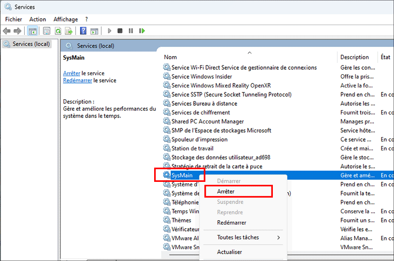 arrêter le service sysmain