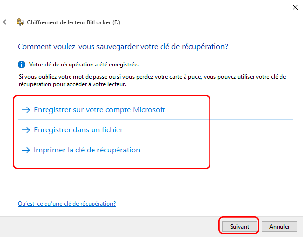 choisissez un moyen d'enregistrer le fichier de clé de récupération BitLocker