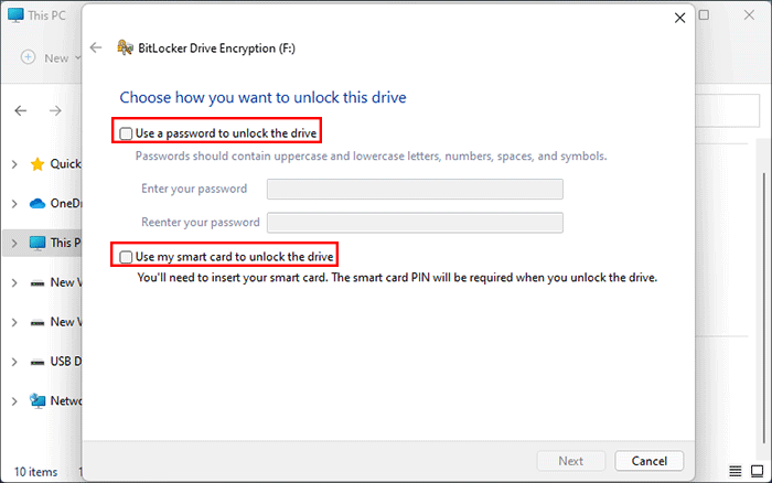 choisissez comment vous souhaitez déverrouiller ce lecteur