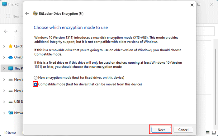 choisissez le mode de cryptage