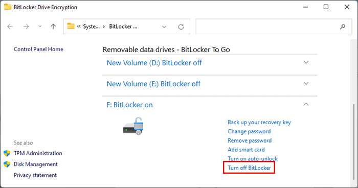 cliquez sur Désactiver BitLocker