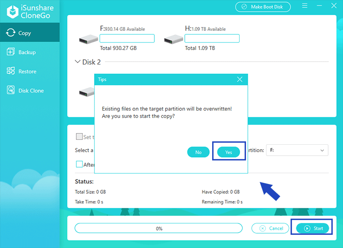 cliquez sur le bouton Démarrer et confirmez