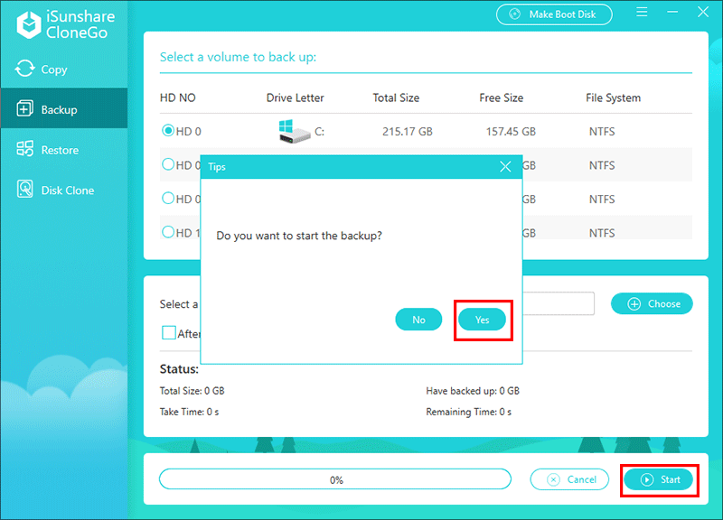 démarrer le processus de sauvegarde