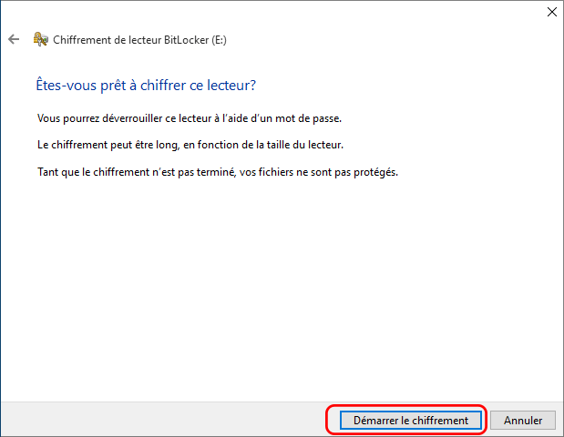 cliquez sur Démarrer le cryptage