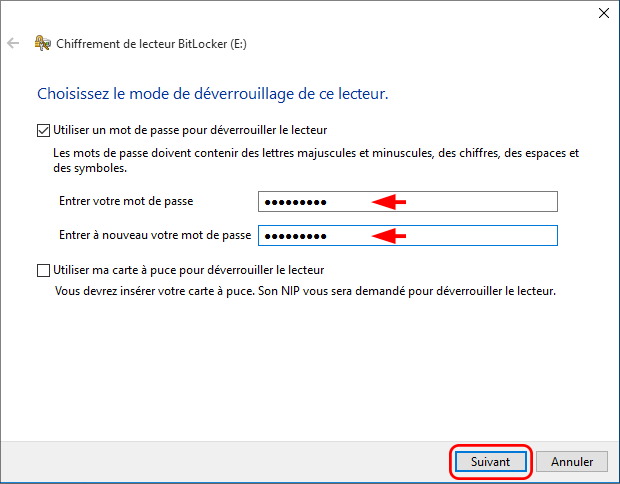 définir le mot de passe BitLocker
