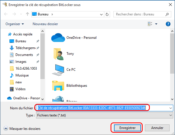 choisissez un emplacement pour enregistrer la clé de récupération BitLocker
