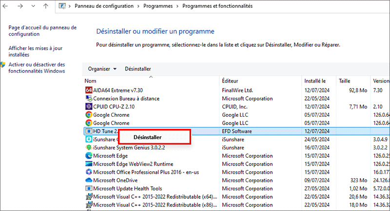 désinstaller le programme récemment installé