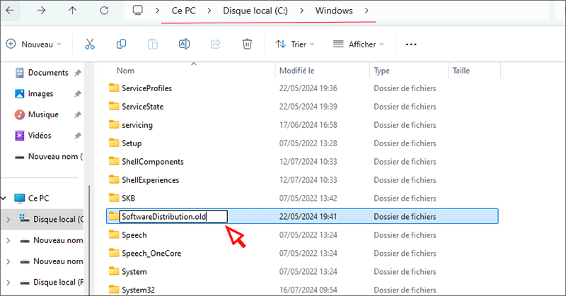renommer le dossier SoftwareDistribution