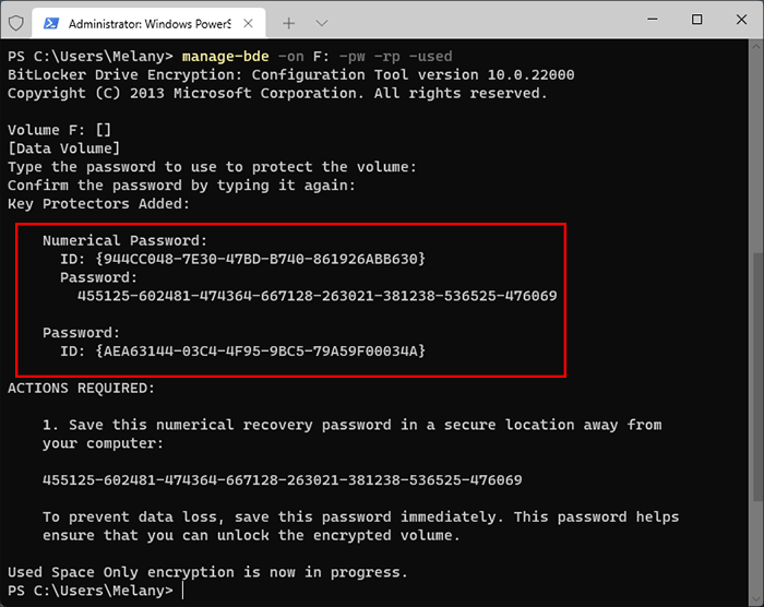 enregistrez le mot de passe de récupération