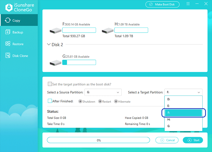sélectionnez un volume d'un autre disque dur externe comme partition cible