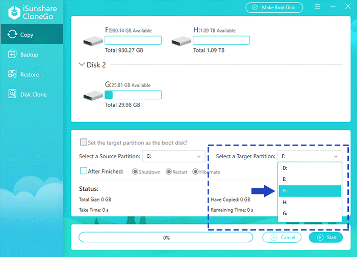 sélectionnez la partition cible