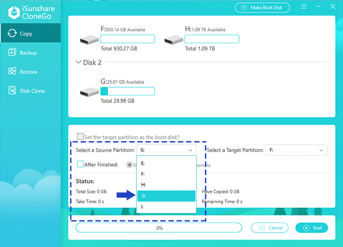 sélectionnez la partition source