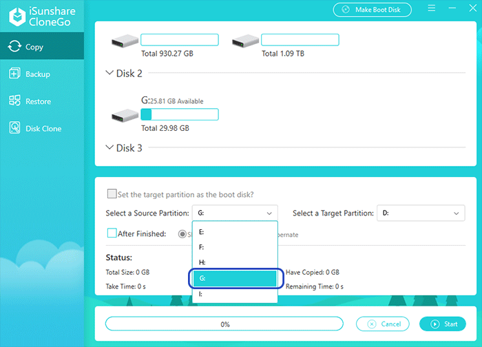 sélectionnez un volume du disque dur externe comme partition source