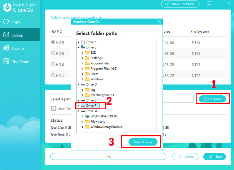 sélectionnez une partition ou un dossier à sauvegarde