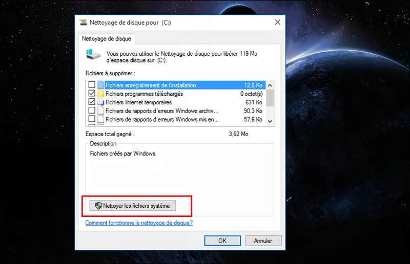cliquez sur nettoyer les fichiers système