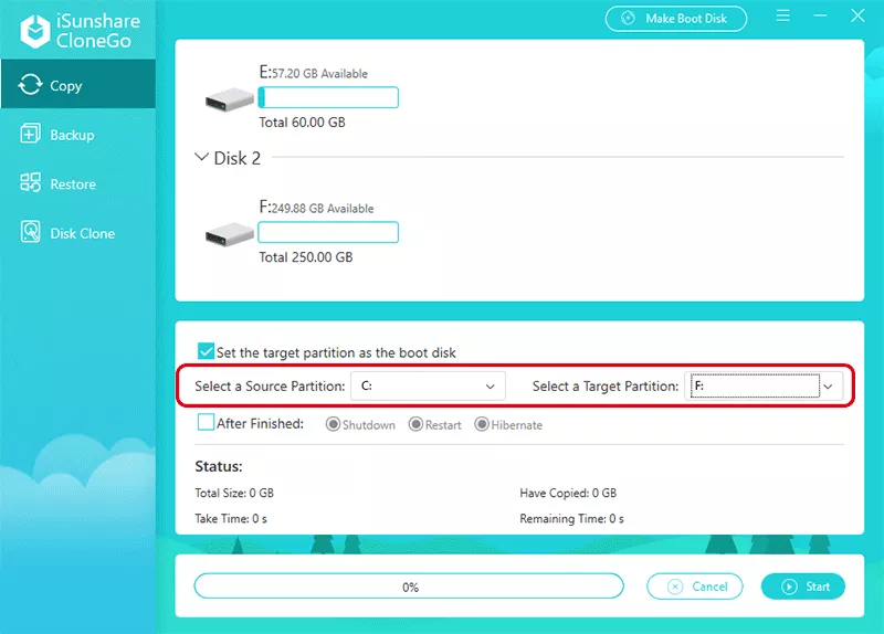 définir la partition source et la partition cible