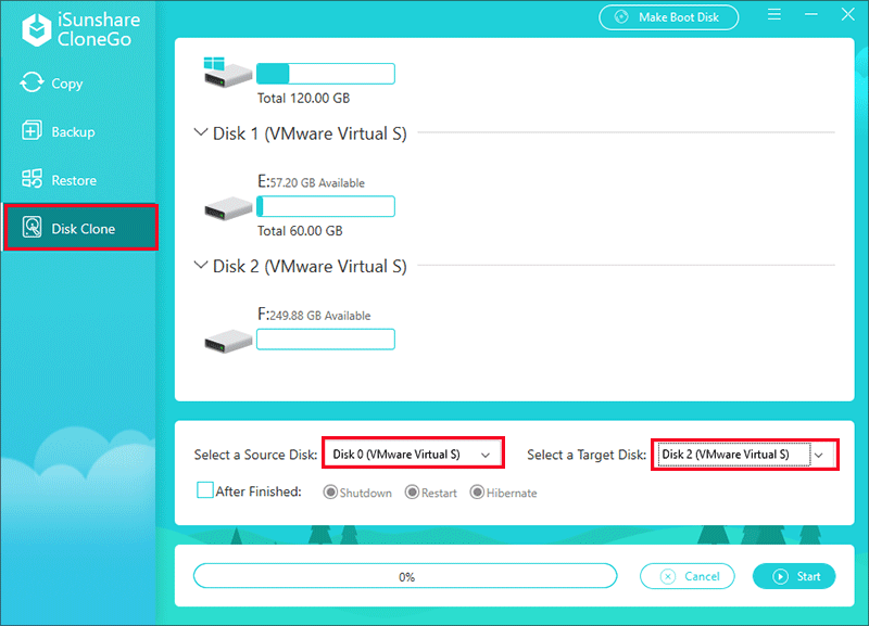 définir le disque source et le disque cible
