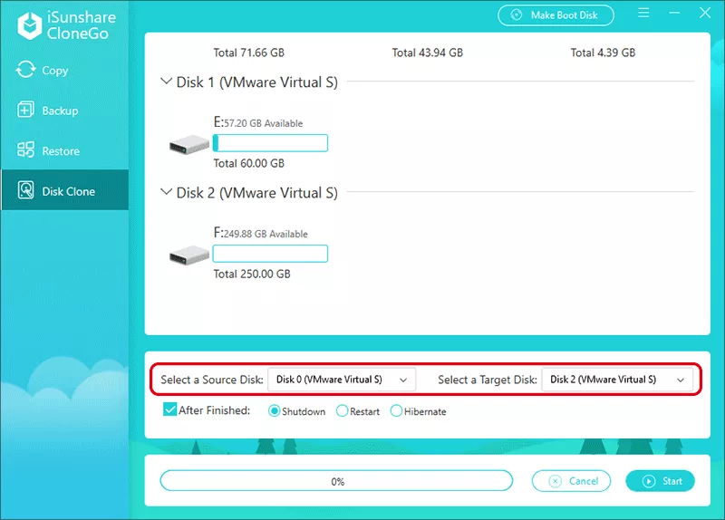 définir le disque source et le disque cible
