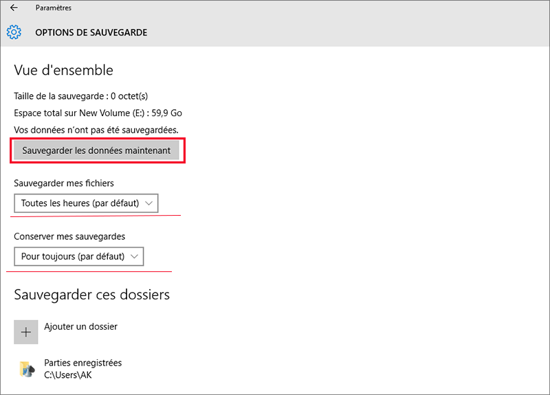 définissez les options de sauvegarde et cliquez sur sauvegarder maintenant