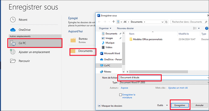 définir le nom à enregistrer