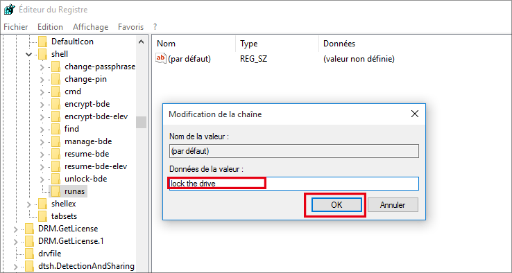 modifier les données de valeur pour verrouiller le lecteur