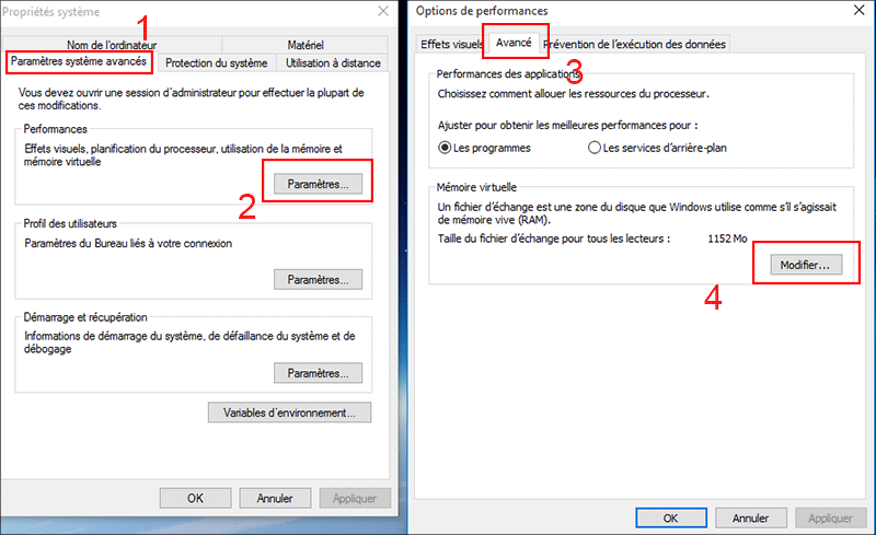 modifier les paramètres de la mémoire virtuelle