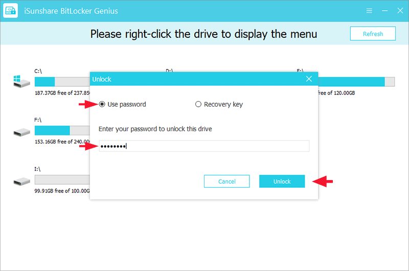 déverrouiller le lecteur avec un mot de passe ou une clé de récupération