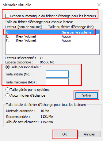 personnaliser la taille du fichier d'échange