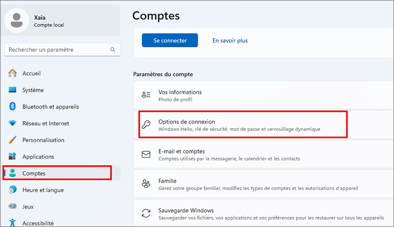 cliquez sur Options de connexion