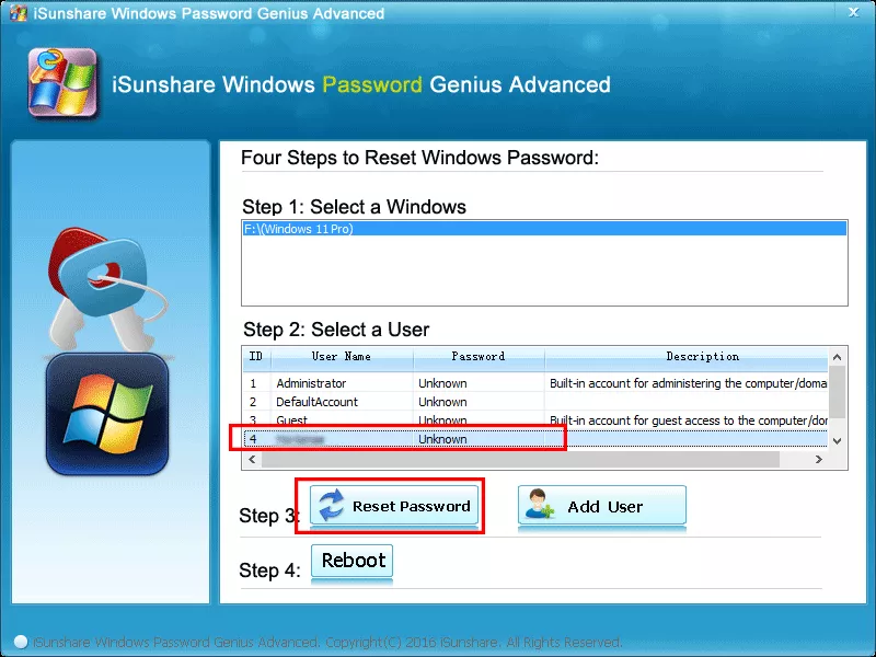 cliquez sur Réinitialiser le mot de passe pour le compte sélectionné