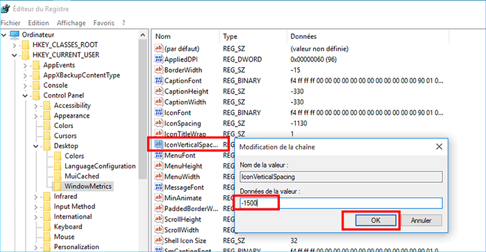modifier l'espacement vertical de l'icône du bureau