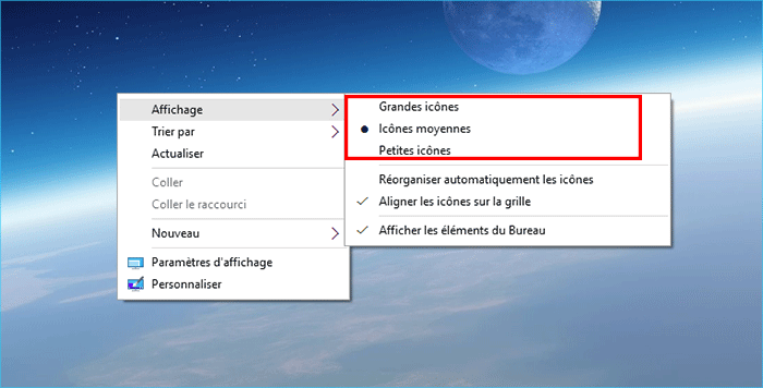 changer la taille de l'icône du bureau
